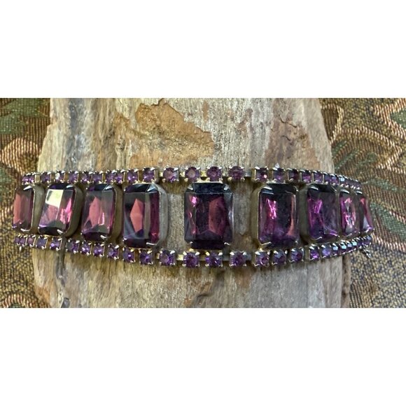 Vintage Purple Rhinestone Bracelet With Rectangular & Round Stones Gold-Tone - Picture 1 of 7